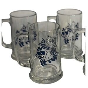 VTG Anchor Hocking Set 3 Blue Bird Floral Glass Beer Soda Heavy Tavern Mugs MCM